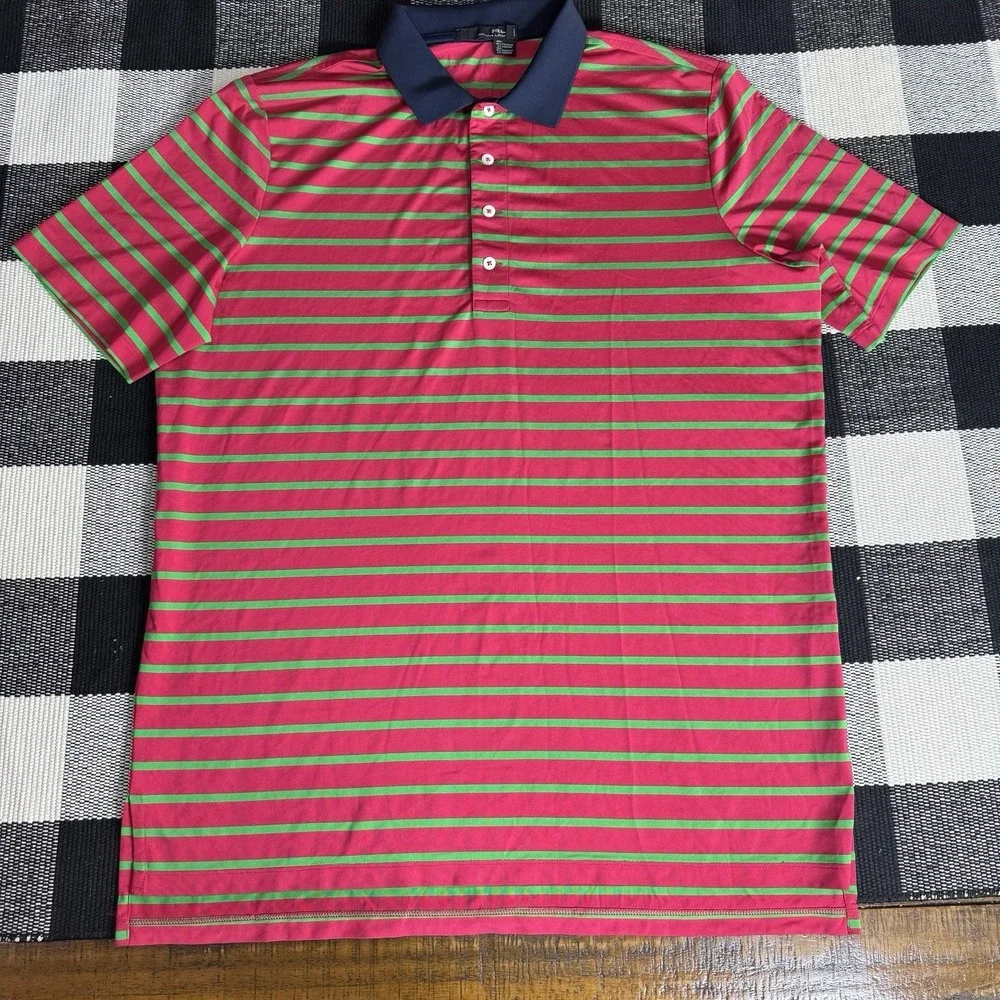 RLX Ralph Lauren Polo Shirt Mens L Fuchsia Green Stripe Performance Golf Preppy